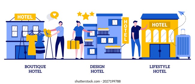 Boutique And Design Hotel, Lifestyle Motel Concept With Tiny People. Holiday And Modern Accommodation Abstract Vector Illustration Set. Fashionable Apartment, Luxury Hospitality Service Metaphor.