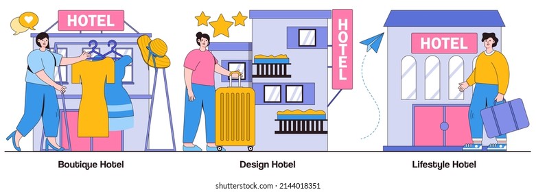 Boutique, Design, And Lifestyle Hotel Concepts With People Characters. Holiday Accommodation Abstract Vector Illustration Pack.