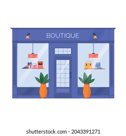 Boutique entrance and display with fashionable accessories flat icon vector illustration