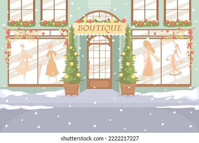 Boutique facade flat color vector illustration. Xmas holiday celebration. Wonderland scene. Fully editable 2D simple cartoon cityscape with Christmas scenery on background. Tapestry Regular font used
