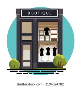 Boutique facade. Illustration of a fashion boutique in a flat style. Beautiful fashion boutique with clothes in the shop window. Vector illustration