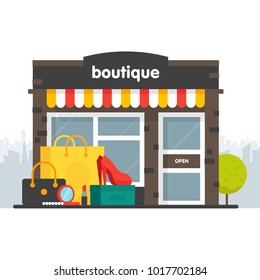 Boutique facade. Illustration of a boutique in a flat style. Box and shopping bag clothing, shoes, heels, cosmetics. Vector illustration