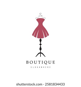 Boutique fashion logo. Mannequin dress and handbag on pink background.Women's clothing logo with hanger, luxury clothes.Logo for business,boutique,fashion shop,model,shopping and beauty. 