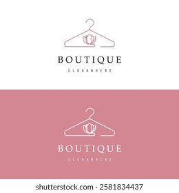 Boutique fashion logo. Mannequin dress and handbag on pink background.Women's clothing logo with hanger, luxury clothes.Logo for business,boutique,fashion shop,model,shopping and beauty. 