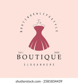 Boutique fashion logo. Mannequin dress and handbag on pink background.Women's clothing logo with hanger, luxury clothes.Logo for business,boutique,fashion shop,model,shopping and beauty. 