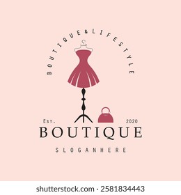 Boutique fashion logo. Mannequin dress and handbag on pink background.Women's clothing logo with hanger, luxury clothes.Logo for business,boutique,fashion shop,model,shopping and beauty. 