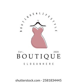 Boutique fashion logo. Mannequin dress and handbag on pink background.Women's clothing logo with hanger, luxury clothes.Logo for business,boutique,fashion shop,model,shopping and beauty. 