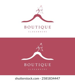 Boutique fashion logo. Mannequin dress and handbag on pink background.Women's clothing logo with hanger, luxury clothes.Logo for business,boutique,fashion shop,model,shopping and beauty. 