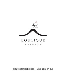 Boutique fashion logo. Mannequin dress and handbag on pink background.Women's clothing logo with hanger, luxury clothes.Logo for business,boutique,fashion shop,model,shopping and beauty. 