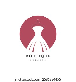 Boutique fashion logo. Mannequin dress and handbag on pink background.Women's clothing logo with hanger, luxury clothes.Logo for business,boutique,fashion shop,model,shopping and beauty. 