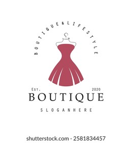 Boutique fashion logo. Mannequin dress and handbag on pink background.Women's clothing logo with hanger, luxury clothes.Logo for business,boutique,fashion shop,model,shopping and beauty. 