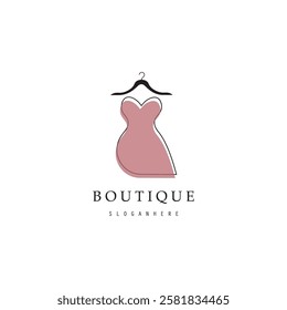 Boutique fashion logo. Mannequin dress and handbag on pink background.Women's clothing logo with hanger, luxury clothes.Logo for business,boutique,fashion shop,model,shopping and beauty. 