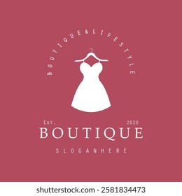 Boutique fashion logo. Mannequin dress and handbag on pink background.Women's clothing logo with hanger, luxury clothes.Logo for business,boutique,fashion shop,model,shopping and beauty. 