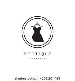 Boutique fashion logo. Mannequin dress and handbag on pink background.Women's clothing logo with hanger, luxury clothes.Logo for business,boutique,fashion shop,model,shopping and beauty. 