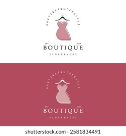 Boutique fashion logo. Mannequin dress and handbag on pink background.Women's clothing logo with hanger, luxury clothes.Logo for business,boutique,fashion shop,model,shopping and beauty. 