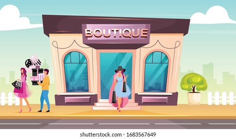 Boutique front flat color vector illustration. Woman buying clothes in premium shop. Luxury fashion store for garment purchase. Modern 2D cartoon cityscape with customers on background