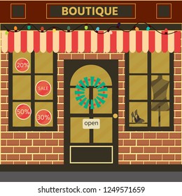 Boutique front view. Girl with shopping, with packages. City design elements winter. Banner. Vector  cartoon illustration.