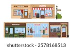 Boutique, gifts shop, bookshop, fashion market, jewelry store windows showcase front view vector illustration. Main street marketplace facade of modern commercial building exteriors cartoon set