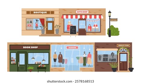 Boutique, gifts shop, bookshop, fashion market, jewelry store windows showcase front view vector illustration. Main street marketplace facade of modern commercial building exteriors cartoon set