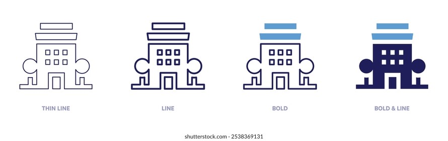 Boutique hotel icon in 4 different styles. Thin Line, Line, Bold, and Bold Line. Duotone style. Editable stroke.