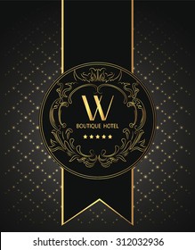 Boutique hotel vintage card with gold floral design elements