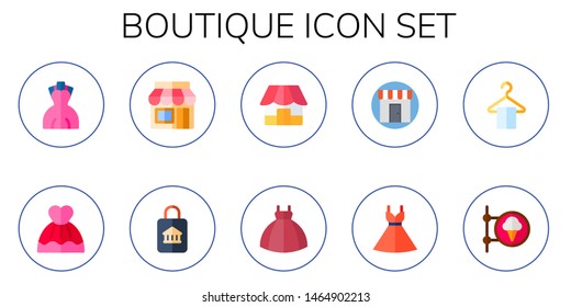 boutique icon set. 10 flat boutique icons.  Collection Of - wedding dress, store, shop, dress, hanger