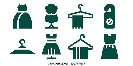 boutique icon set. 8 filled boutique icons. Included Clothing hanger, Dress, Mannequin, Hanger icons