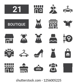boutique icon set. Collection of 21 filled boutique icons included Shop, Dress, Heels, Hanger, Clothes hanger, Shopping store