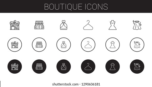 boutique icons set. Collection of boutique with store, stores, wedding dress, hanger, dress. Editable and scalable boutique icons.
