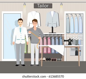 Boutique indoor of men's cloths fashion, tailor shop, Clothing store, interior building vector illustration.