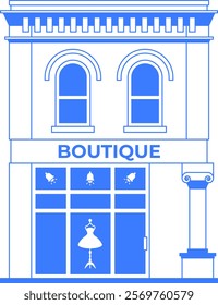 Boutique line art illustration. Shop building facade icon with entrance on white background. One color blue outline graphic. Store infographic. Old vintage architecture of downtown. Editable stroke.