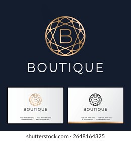 Boutique logo. Gold ornament like gemstone cut consist of gold lines. Openwork frame with Letter B inside. Beautiful premium logo. Business card template.