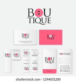 Boutique logo. Letters and pink button like letter O. Tailor logo. Clothes store. Set of labels and business card.