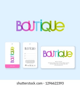 Boutique logo. Transparent multicolor letters on a light background. Labels and business card.