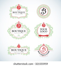 Boutique Luxury Vintage, Crests logo templates set. Business sign, identity for Restaurant, Royalty, Boutique, Hotel, Heraldic, Jewelery, Fashion ,Real estate,Resort logotypes. Vector illustration.