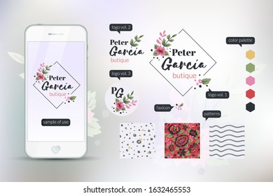 Boutique minimal branding design kit. Responsive, cross-platform design with three logo options and sizes + favicon. Color palette and patterns included. 