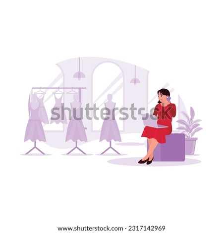 The boutique owner lady was sitting and talking on her cell phone happily inside the counter. Trend Modern vector flat illustration.