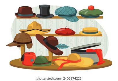 Boutique shelves with hats and headwears vector illustration. Vintage shop shelves. Vintage revival, advertising, shopping concept