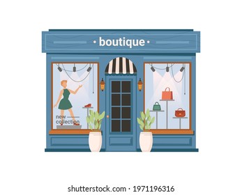 Boutique Shop Facade Exterior Isolated Clothing Store, Cartoon Building. Vector Window With Mannequin, Shopfront With Modern Cloths, Small City Mall With Dummy, Urban Showroom, Flowerpots At Entrance