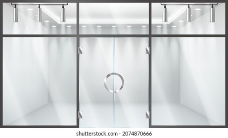 Boutique Shop Facade. Storefront With Transparent Glass Wall, Entrance To Fashion Boutique, Large Door And Empty Illuminated Showcases For Clothing Collection. Vector Illustration