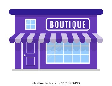 Boutique shop icon, symbol, store. The facade of the building with awning in cartoon or flat style. Sign of the house is purple color. Stylish image. Vector illustration isolated on white background.
