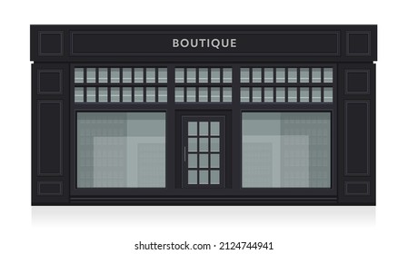 Boutique shop store black color facade with showcases. Detailed stylish shop. Stylish exterior design of a street store. Flat style vector illustration. Modern building facade