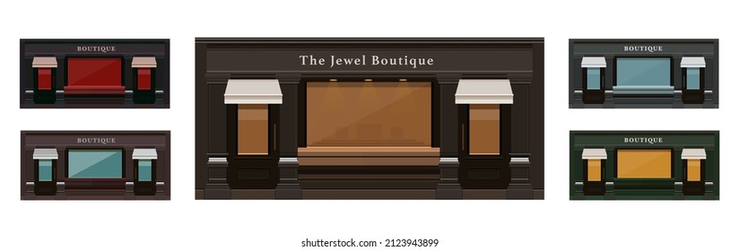 boutique shop store. facade of a jewelry store with a showcase red yellow, green, blue, brown color.  store buildings of different sizes and colors