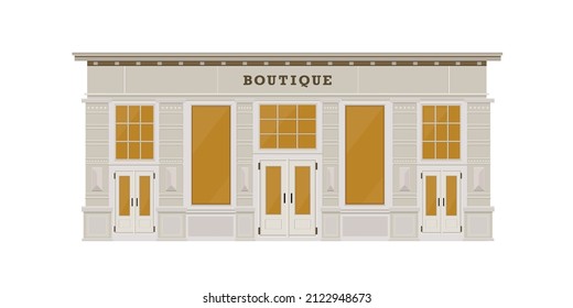 Boutiquehotel-Fassade mit Schaufenstern, großen Fenstern und Säulen. Detaillierter Designshop. Stilvolles Außendesign eines Straßengeschäfts. Flache Vektorgrafik.