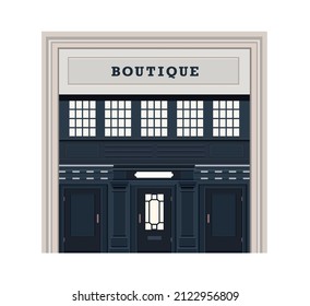 Boutique shop store facade with showcases, large windows and columns. Detailed stylish shop. Stylish exterior design of a street store. Flat style vector illustration.