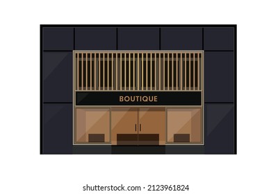 Boutique shop store facade with showcases, large windows. Detailed stylish shop. Stylish exterior design of a street store. Flat style vector illustration. Modern building facade
