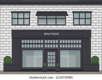 Boutique shop. Store facade with showcases. Detailed stylish shop. Stylish exterior design of a street store. Flat style vector illustration. shop on the background of a white brick wall