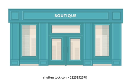 Boutique shop store facade with showcases, large windows and columns. Detailed stylish shop. Stylish exterior design of a street store. Flat style vector illustration.