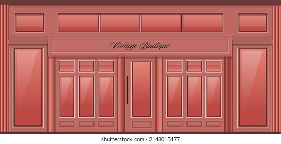 Boutique shop store facade with showcases, large windows and columns. Detailed stylish shop. Stylish exterior design of a street store. Flat style vector illustration.