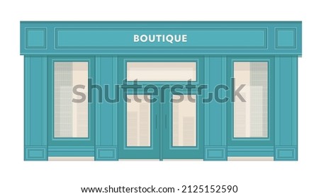 Boutique shop store facade with showcases, large windows and columns. Detailed stylish shop. Stylish exterior design of a street store. Flat style vector illustration.